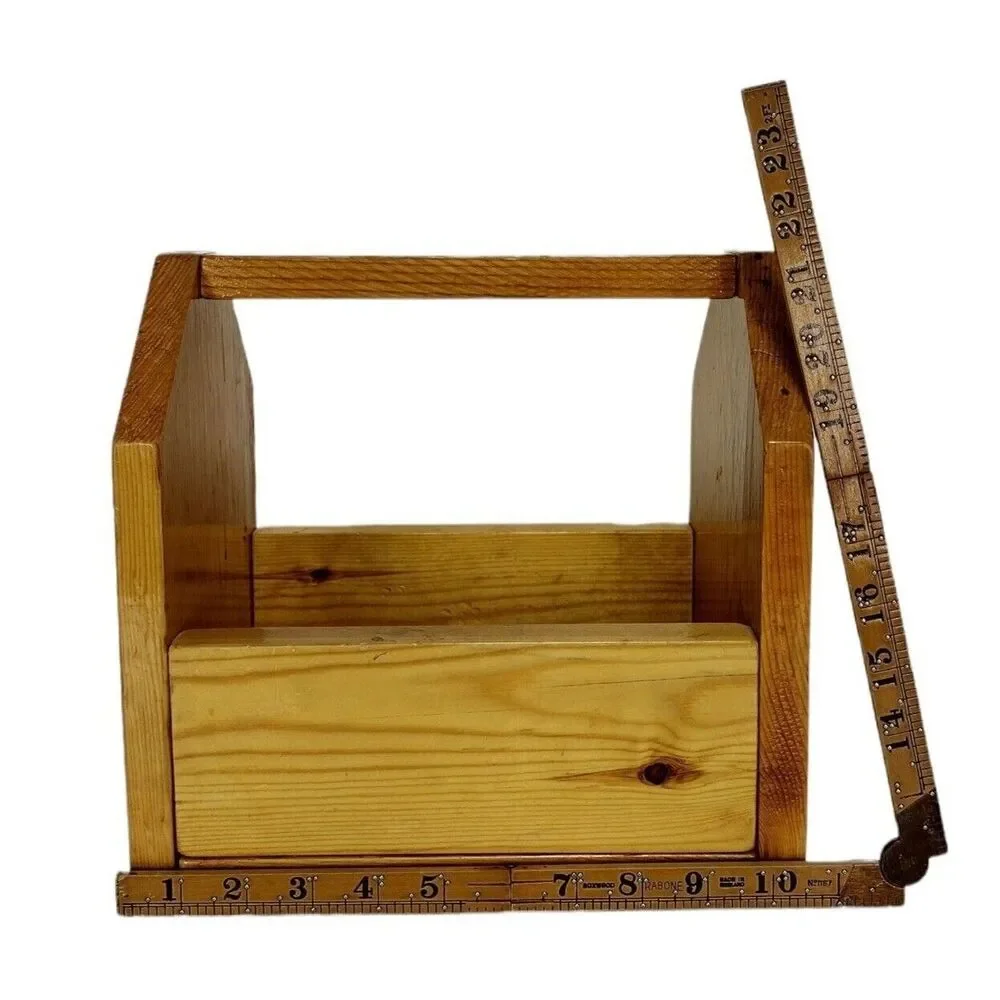 Vintage Wood Top Handle Open Tool Caddy Tote Carry Storage Shoeshine Box